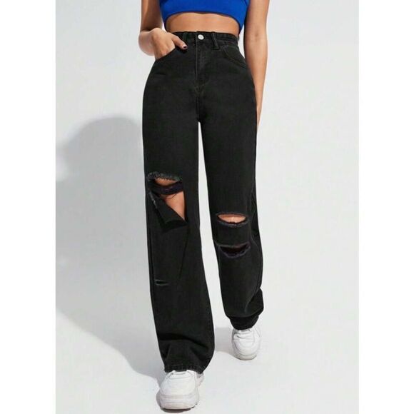 womens black destroyed ripped jeans wide leg boyfriend jeans size medium 6 - Picture 8 of 8